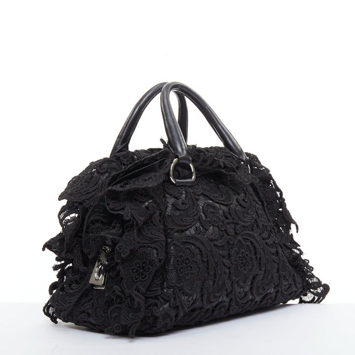 PRADA 2008 Lace Pizzo S Bowler black lace overlay leather silver zip bag