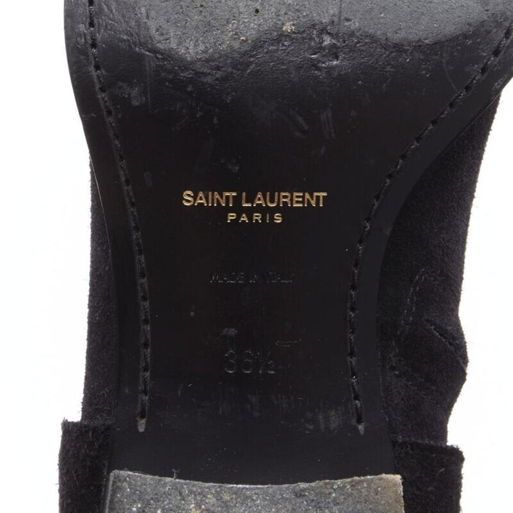 SAINT LAURENT Wyatt 40 black suede silver chain harness ankle boot EU36.5