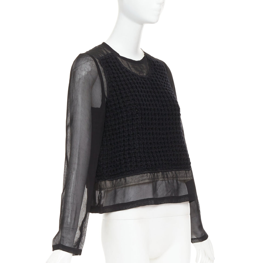 COMME DES GARCONS 2014 black cupra wool trim woven sheer overlay top XS