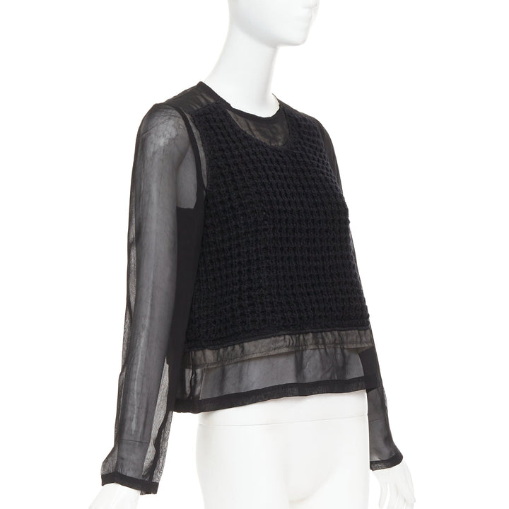 COMME DES GARCONS 2014 black cupra wool trim woven sheer overlay top XS