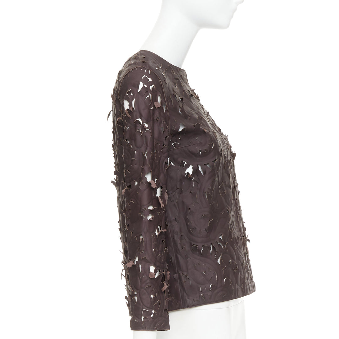 rare CARVEN Cassis brown laser cut lambskin leather floral top FR36