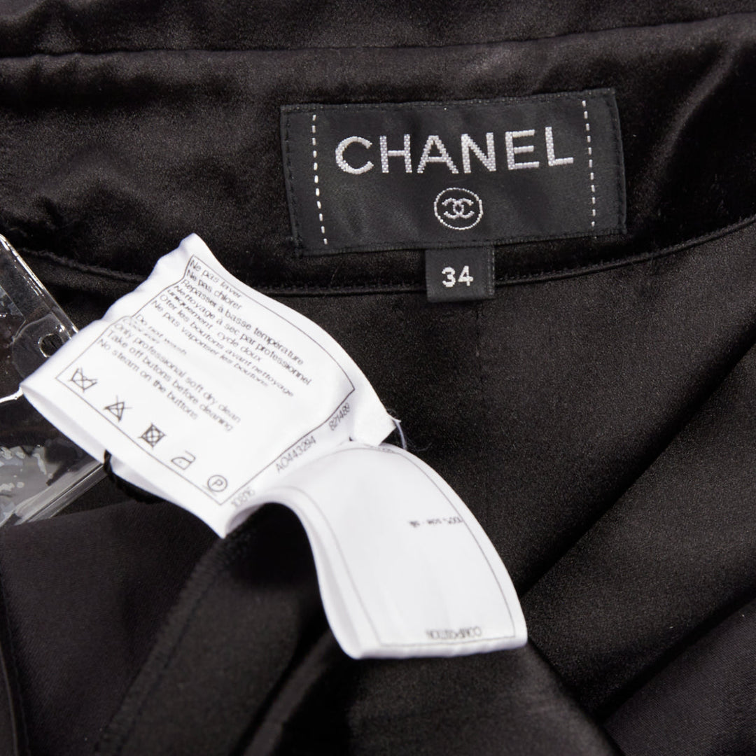CHANEL black 100% silk pocketed gun flap pleated tunic shirt dress FR34 XS
