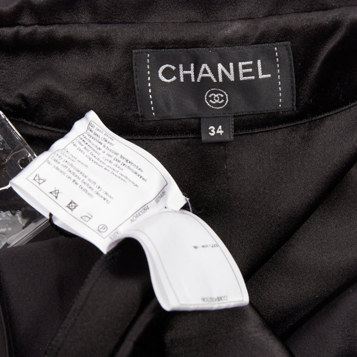 CHANEL black 100% silk pocketed gun flap pleated tunic shirt dress FR34 XS