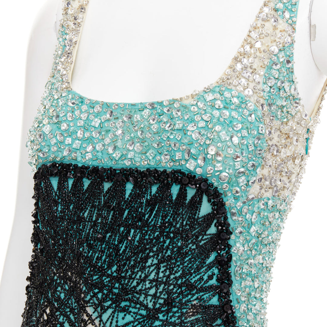 CAROLINA HERRERA teal green cream black silk fully beaded crystal dress US2 S