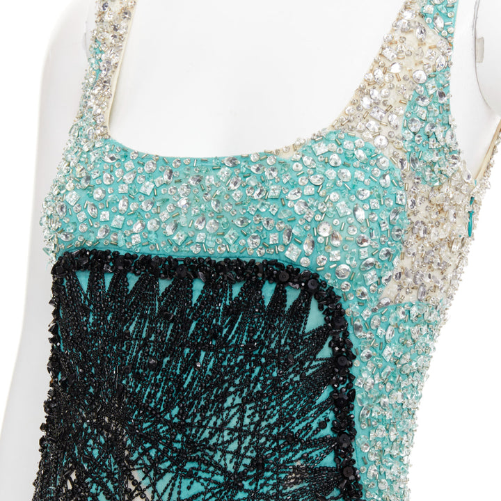 CAROLINA HERRERA teal green cream black silk fully beaded crystal dress US2 S