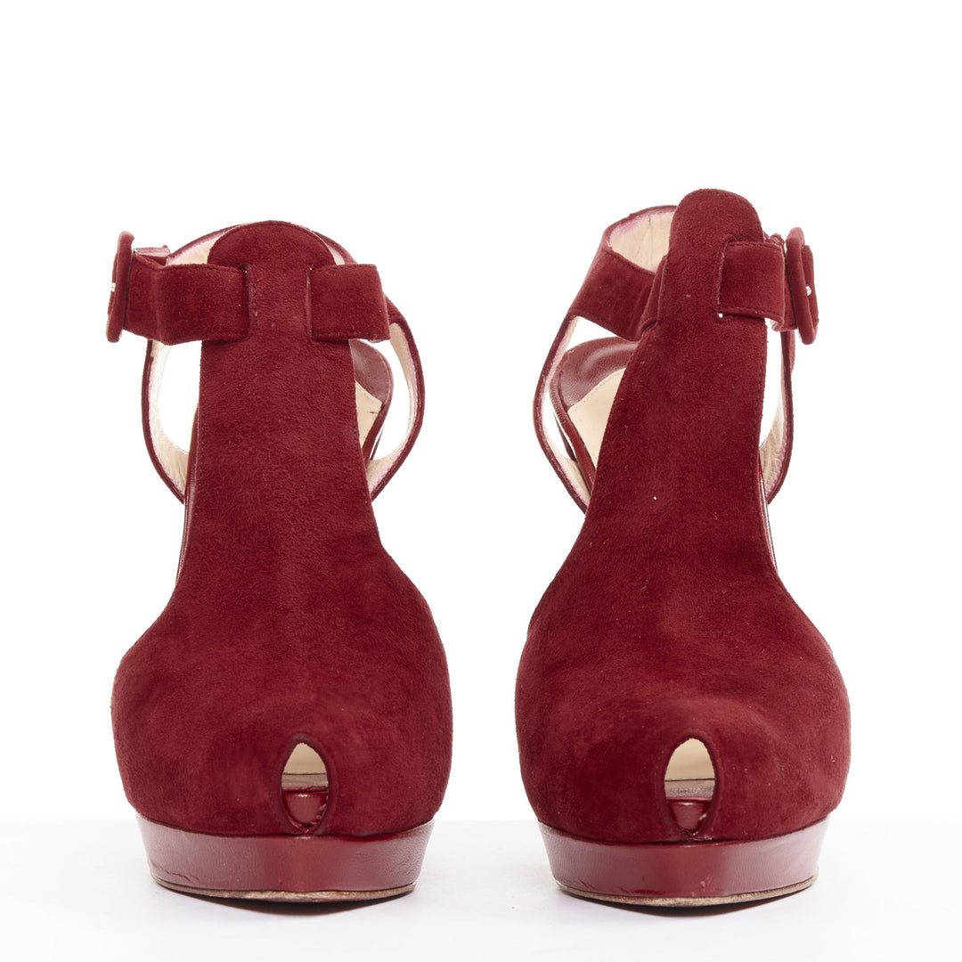 CHRISTIAN LOUBOUTIN Orlan 140 Suede dark red Tstrap platform buckle sandals EU38