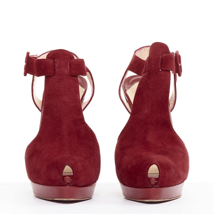 CHRISTIAN LOUBOUTIN Orlan 140 Suede dark red Tstrap platform buckle sandals EU38