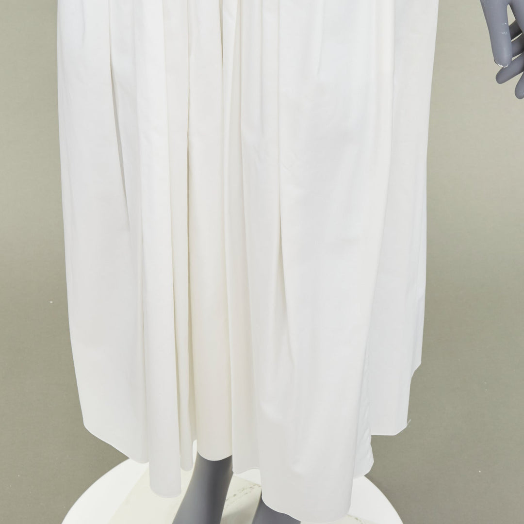 HERMES white cotton linen pleated drop waist casual flared midi skirt FR34 XS