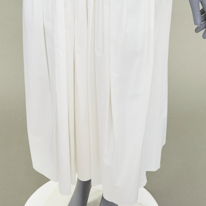 HERMES white cotton linen pleated drop waist casual flared midi skirt FR34 XS
