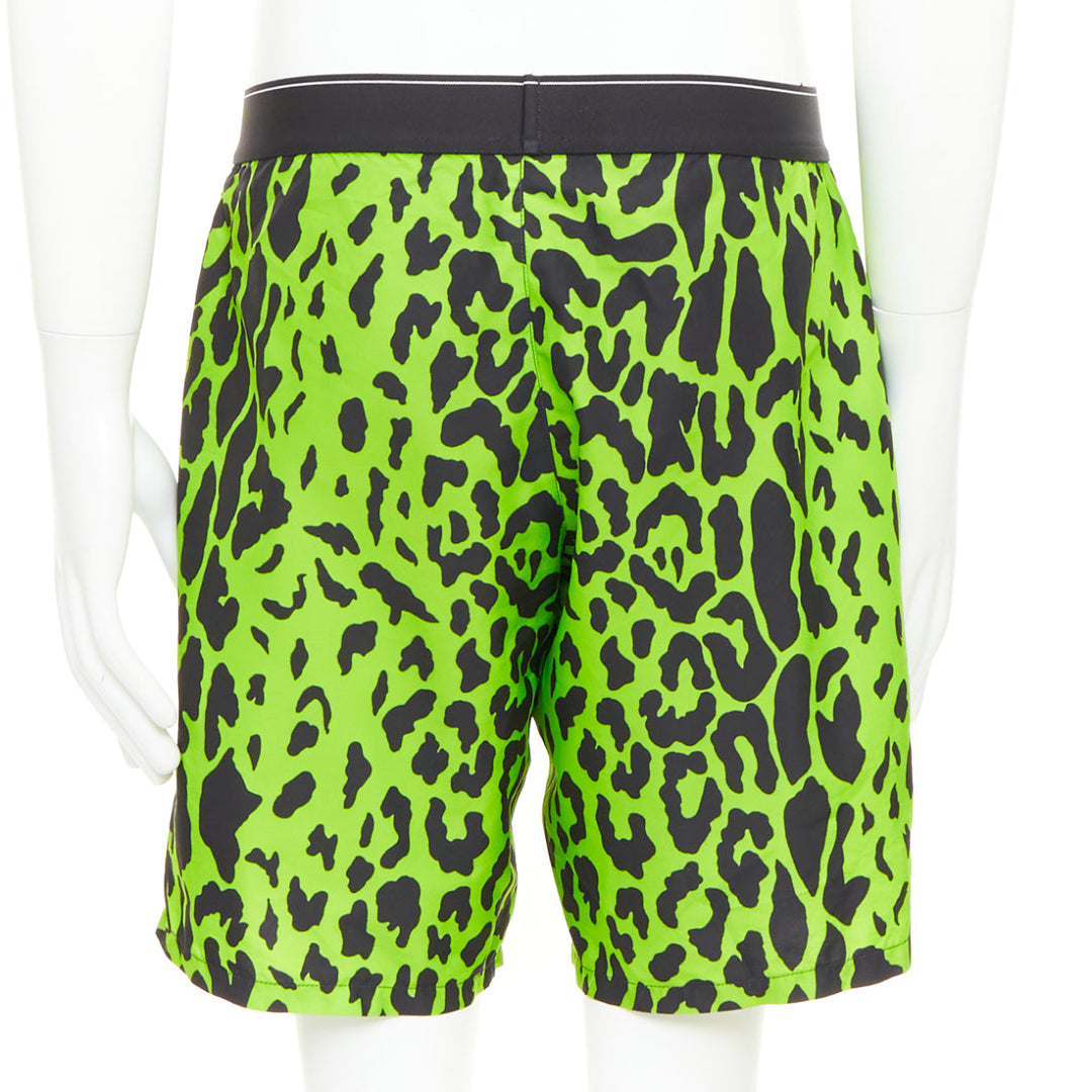 VERSACE neon green black leopard print black logo waistband swim trunks Sz4