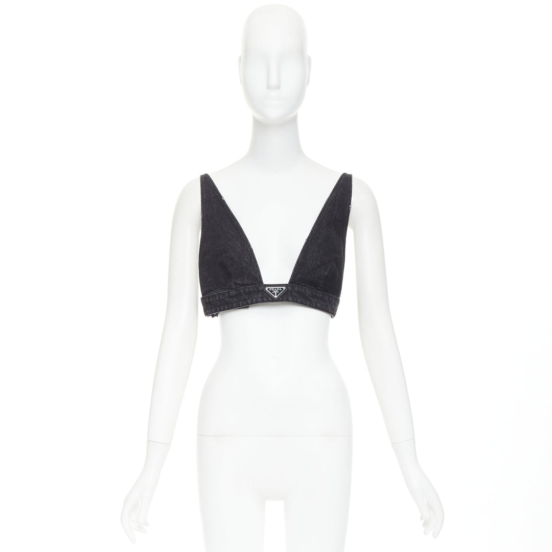 PRADA 2022 dark grey denim black triangle logo plaque bralette crop top IT42 M