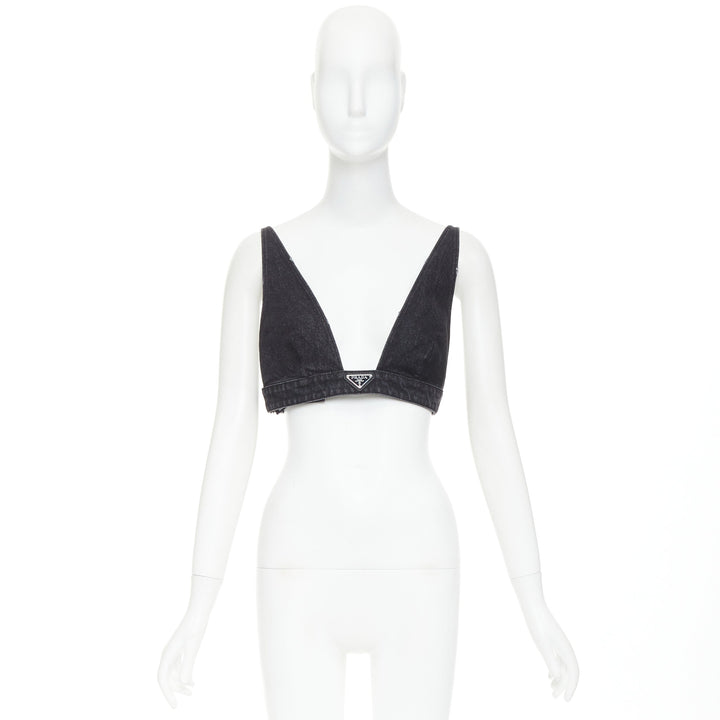 PRADA 2022 dark grey denim black triangle logo plaque bralette crop top IT42 M