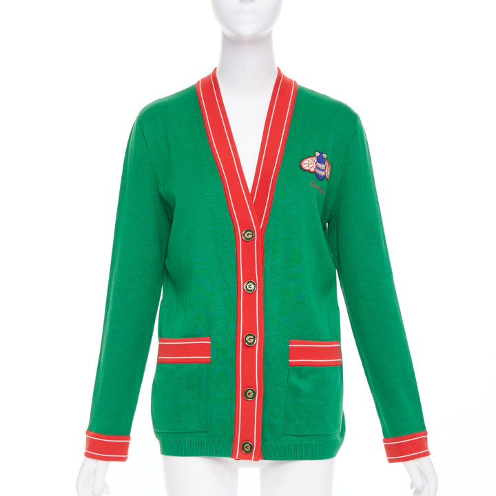 GUCCI Michele green cotton cashmere Bee embroidered cardigan XXS