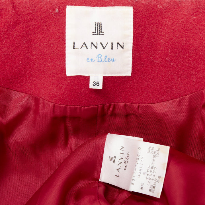 LANVIN EN BLEU red wool blend black brown toggle leather pea coat FR36 S