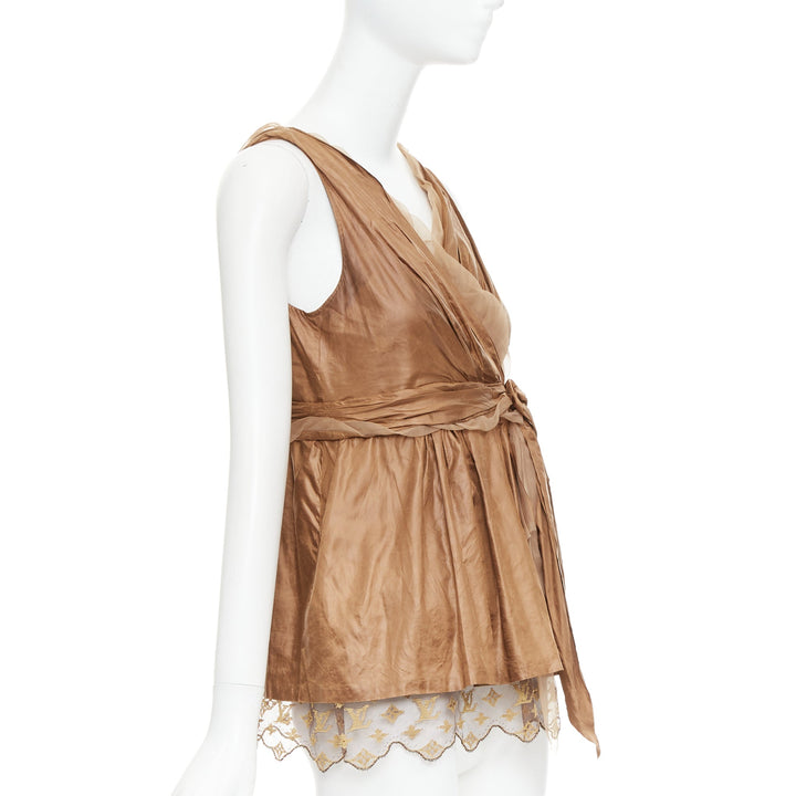 LOUIS VUITTON Marc Jacobs bronze monogram silk lace rosette wrap top FR38 M