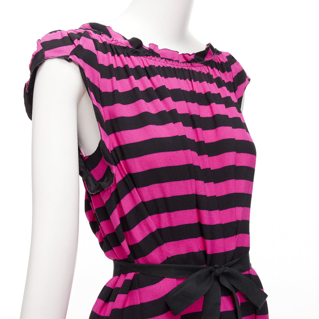 PRADA black hot pink striped pleated drop neck ribbon belt mini dress IT38 XS