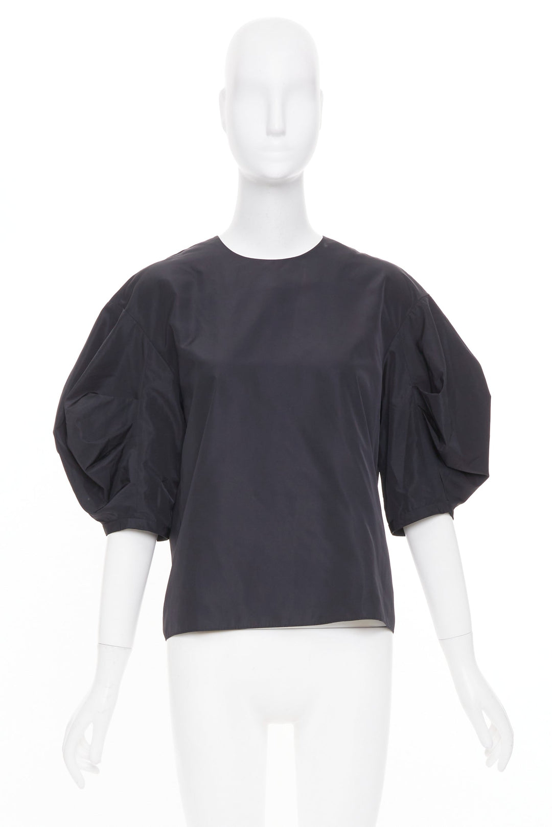 TIBI Italian Sporty Nylon Pleat Sleeve black sculptural balloon blouse US0 XS