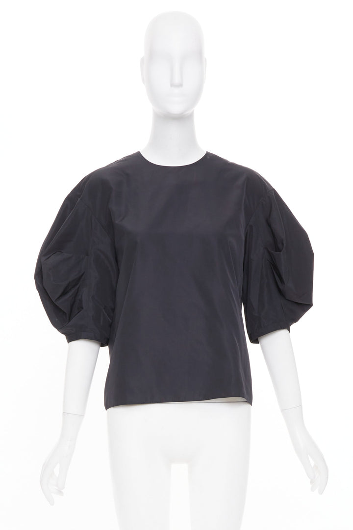 TIBI Italian Sporty Nylon Pleat Sleeve black sculptural balloon blouse US0 XS