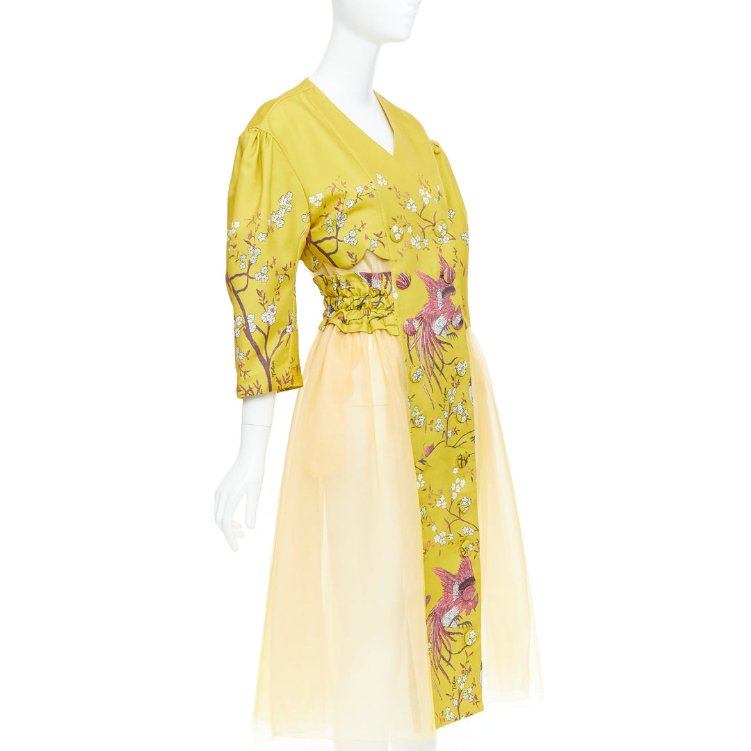 TOTON INDONESIA mustard yellow silk blend bird floral overcoat FR34 XS