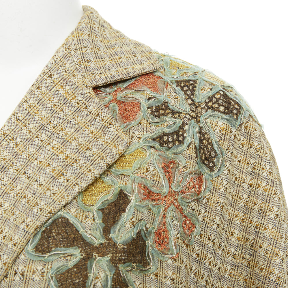CHRISTIAN LACROIX Vintage gold tweed floral embroidered belted jacket FR42 L