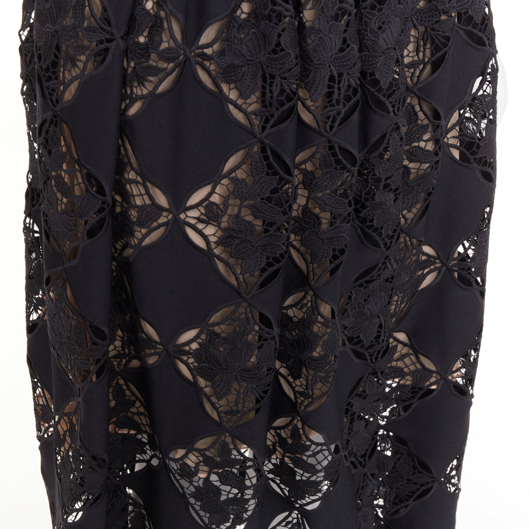 OSCAR DE LA RENTA PS24 black Gardenia Guipure lace top skirt dress set US0 XS