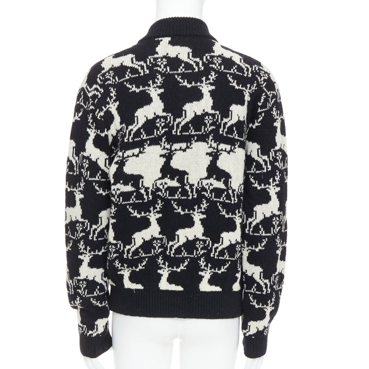 DRIES VAN NOTEN black white wool reindeer intarsia zip up jacket M