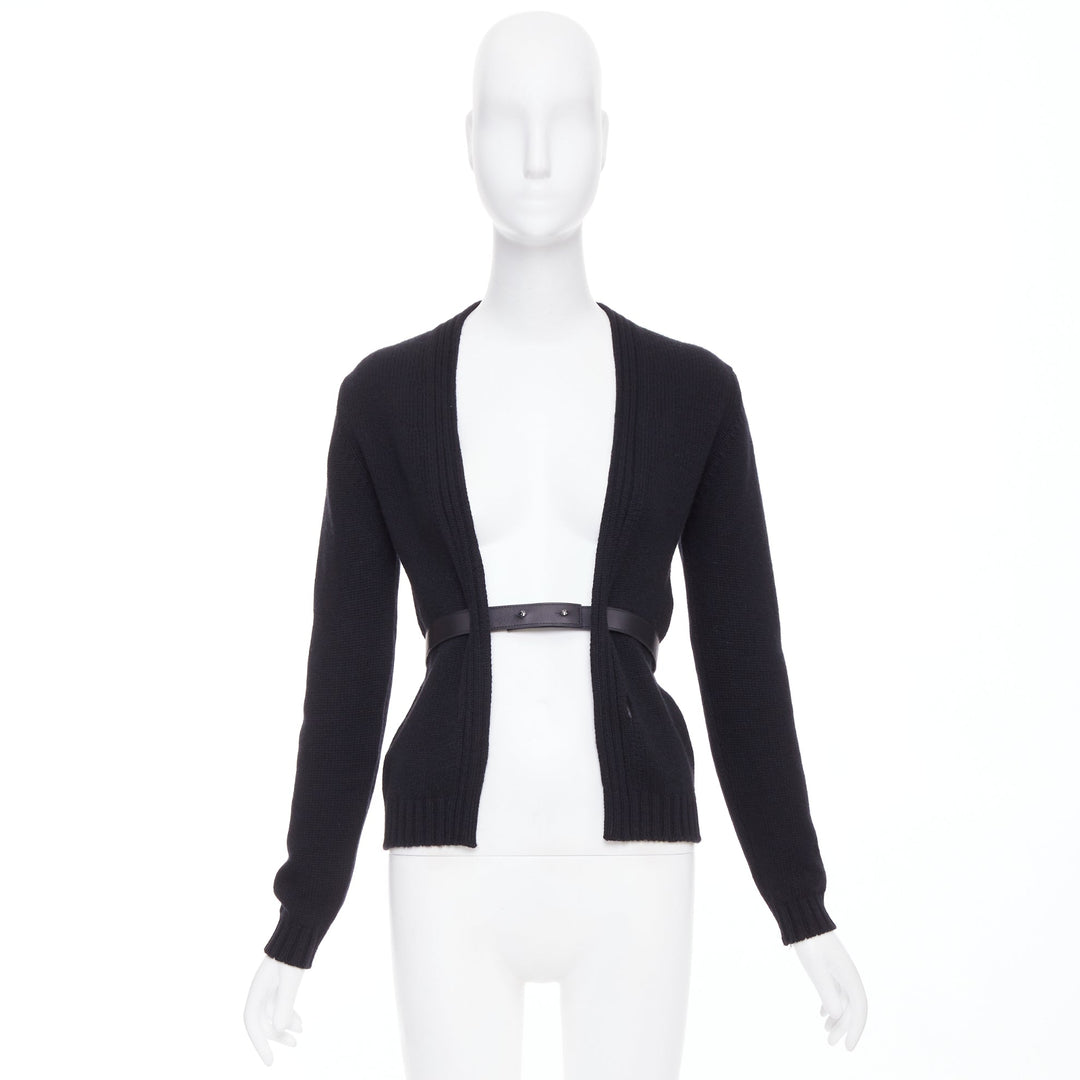 HERMES black 100% cashmere lambskin leather belted knit cardigan FR34 XS