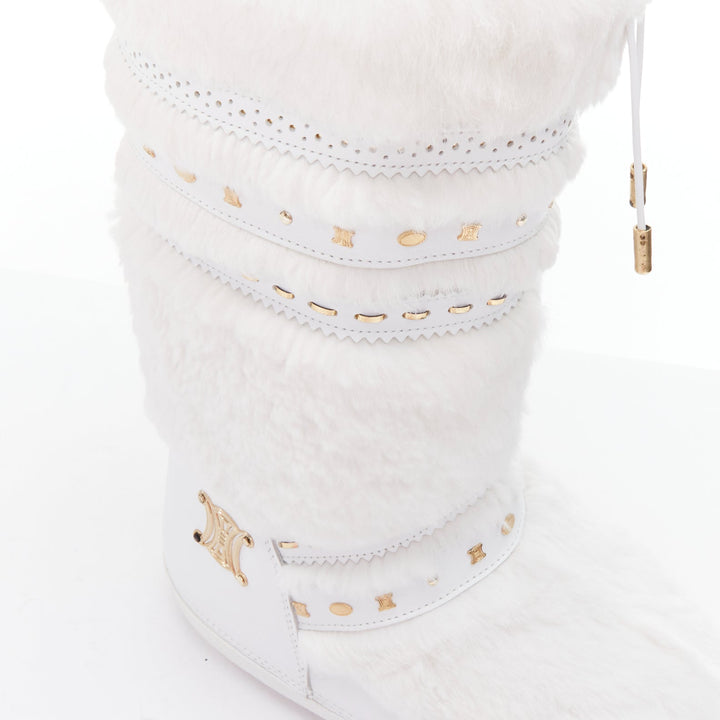 rare CELINE Macadam white gold logo faux fur Triomphe snow boots EU38-40