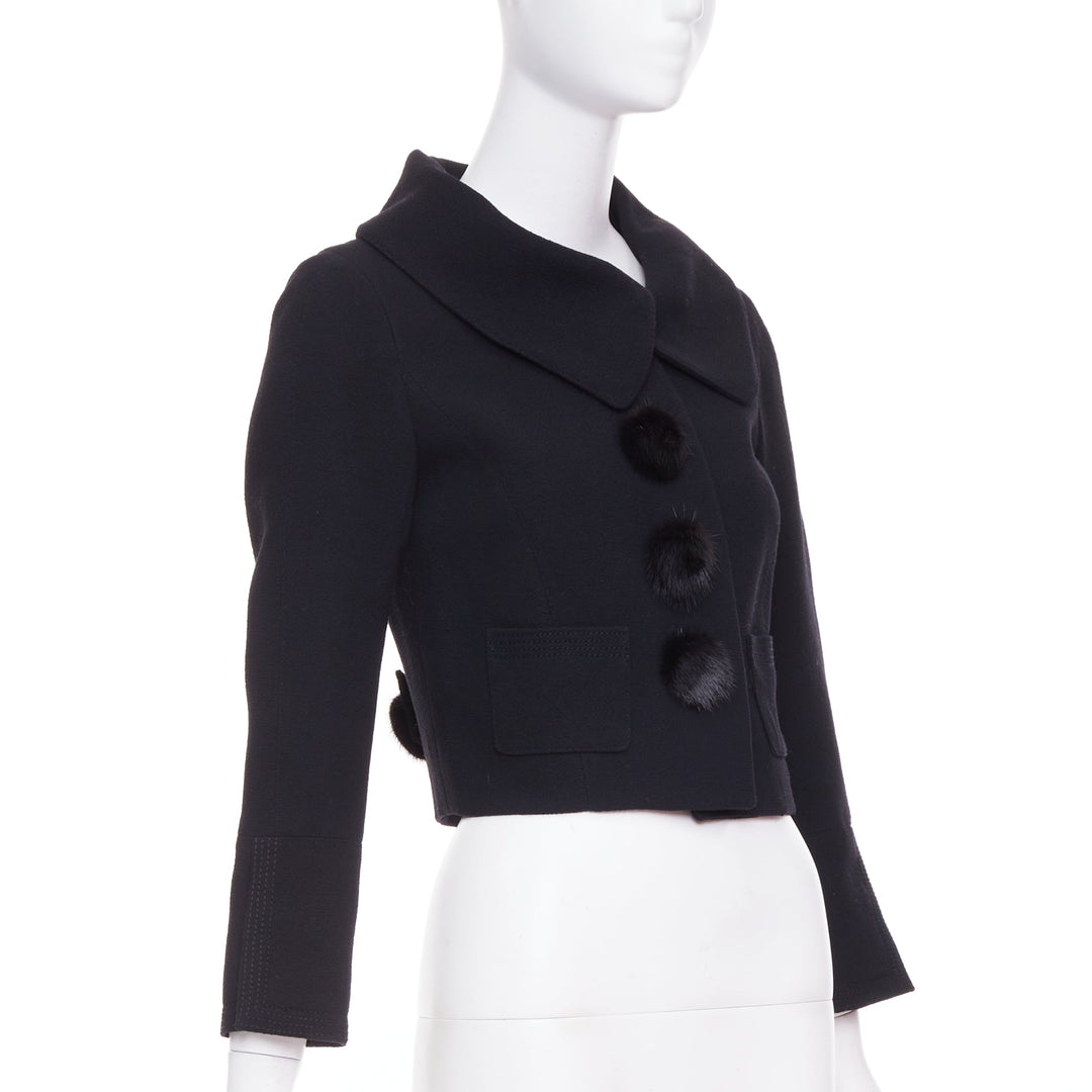 LOUIS VUITTON 2007 black wool crepe Mink fur button cropped jacket FR38 M