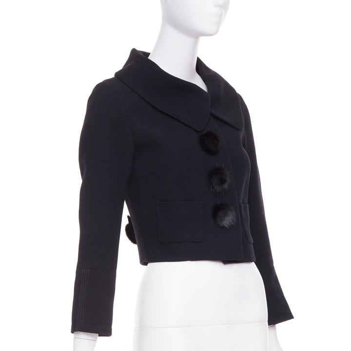 LOUIS VUITTON 2007 black wool crepe Mink fur button cropped jacket FR38 M