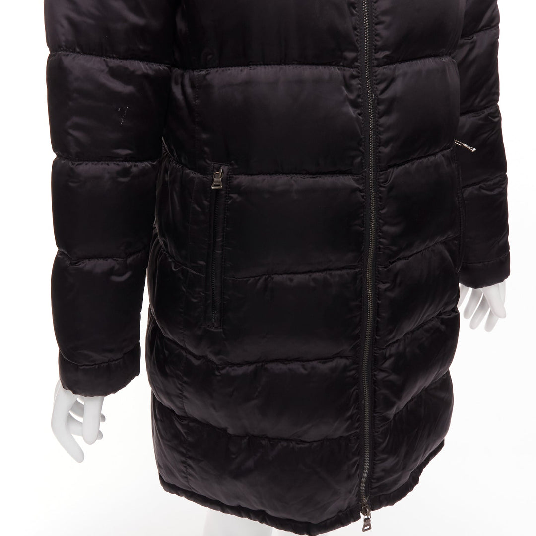 PRADA 2010 black shiny nylon hooded quilted long sleeve puffer coat IT42 M