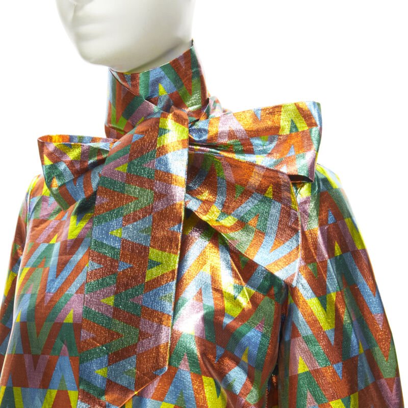 VALENTINO metallic lurex graphic V rainbow scar tie collar blouse IT38 XS