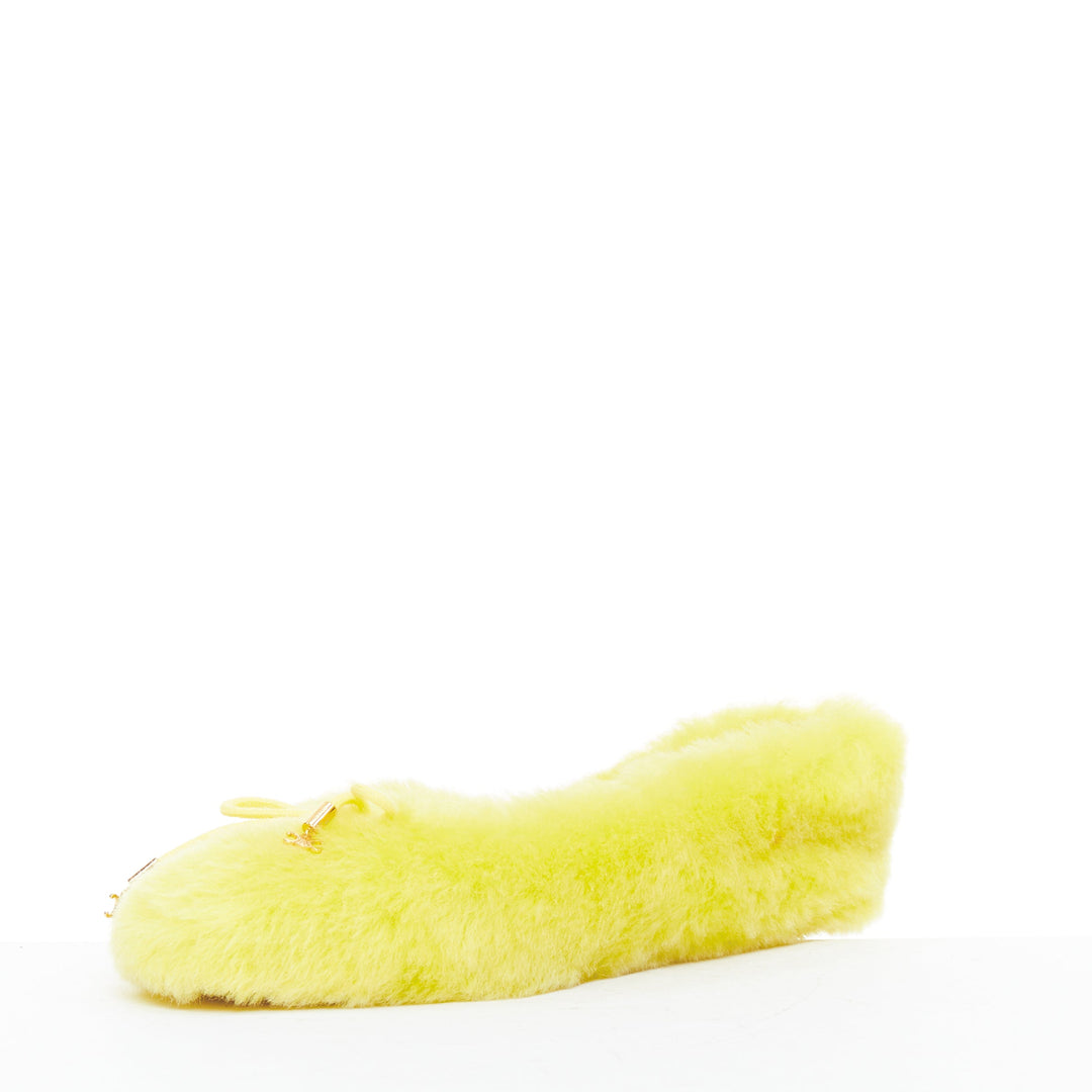 CELINE 2022 Les Ballerines yellow plush furry triomphe bow ballet flats EU37