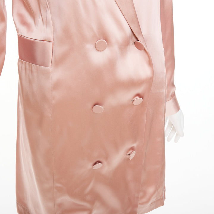 FLEUR DU MAL pink silky double breasted pocketed longline blazer coat US0 XS