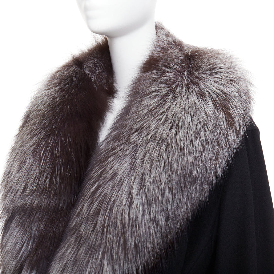 ESCADA Vintage black 100% cashmere brown fur collar belted long coat IT42 M