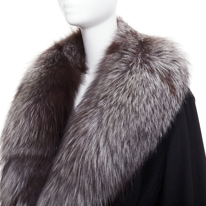ESCADA Vintage black 100% cashmere brown fur collar belted long coat IT42 M