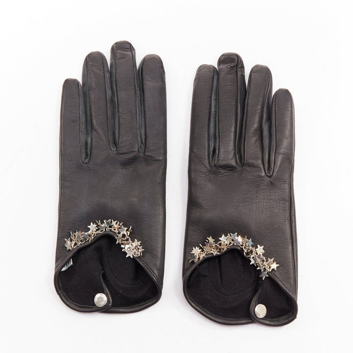 CAUSSE GANTIER black lambskin silk silver star embellished short gloves Sz7