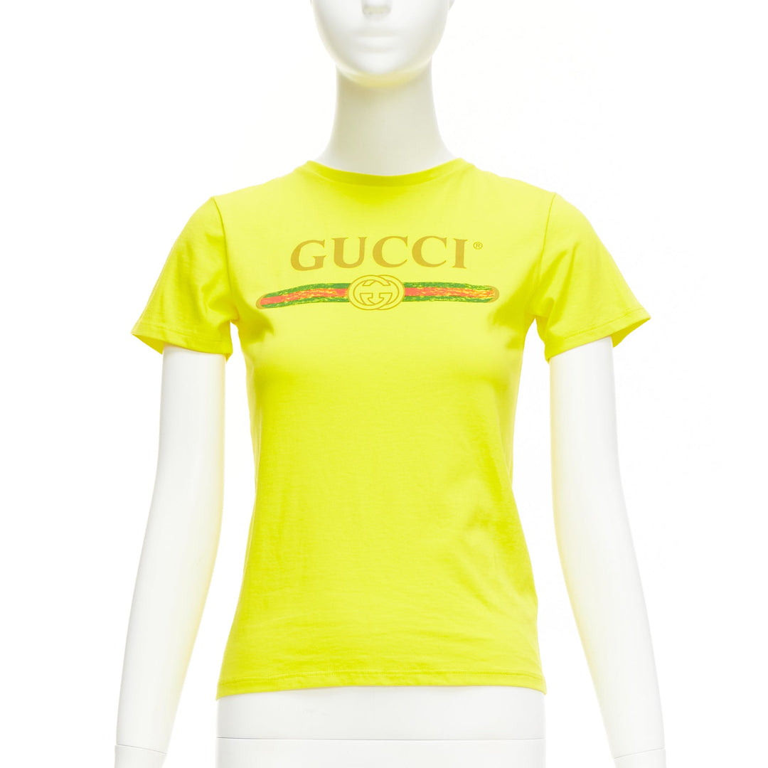 GUCCI KIDS bright yellow vintage logo crew neck tshirt 10Y XS
