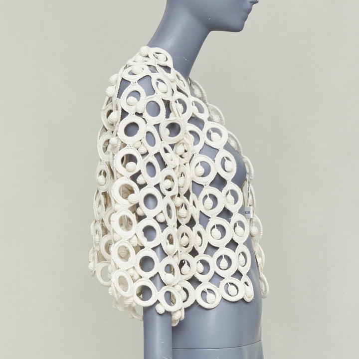 rare MOSCHINO 1980's Vintage cream macrome crochet drop ball crop jacket IT40 S