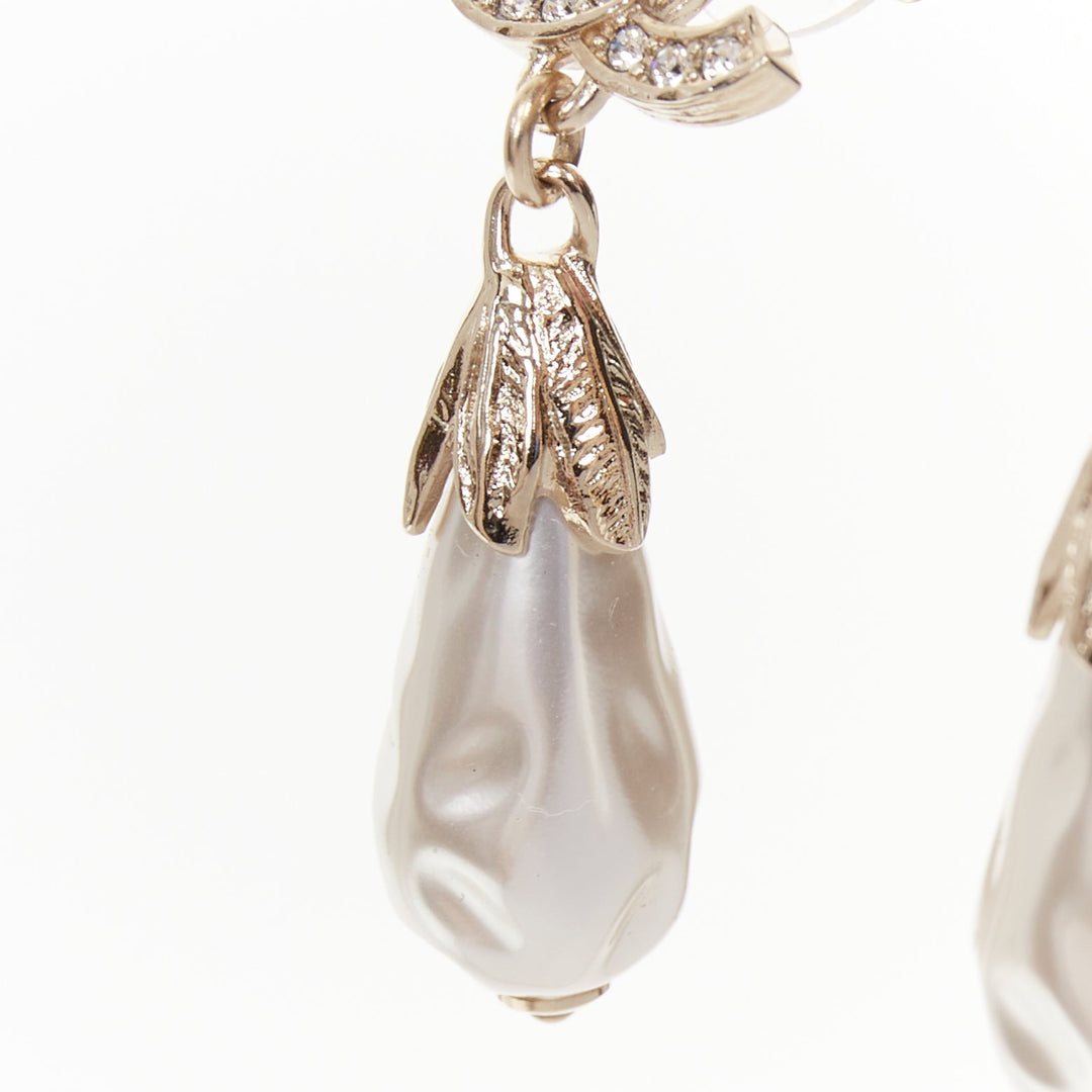 CHANEL L25S champagne gold CC logo crystal pave drop pearl pin earrings pair