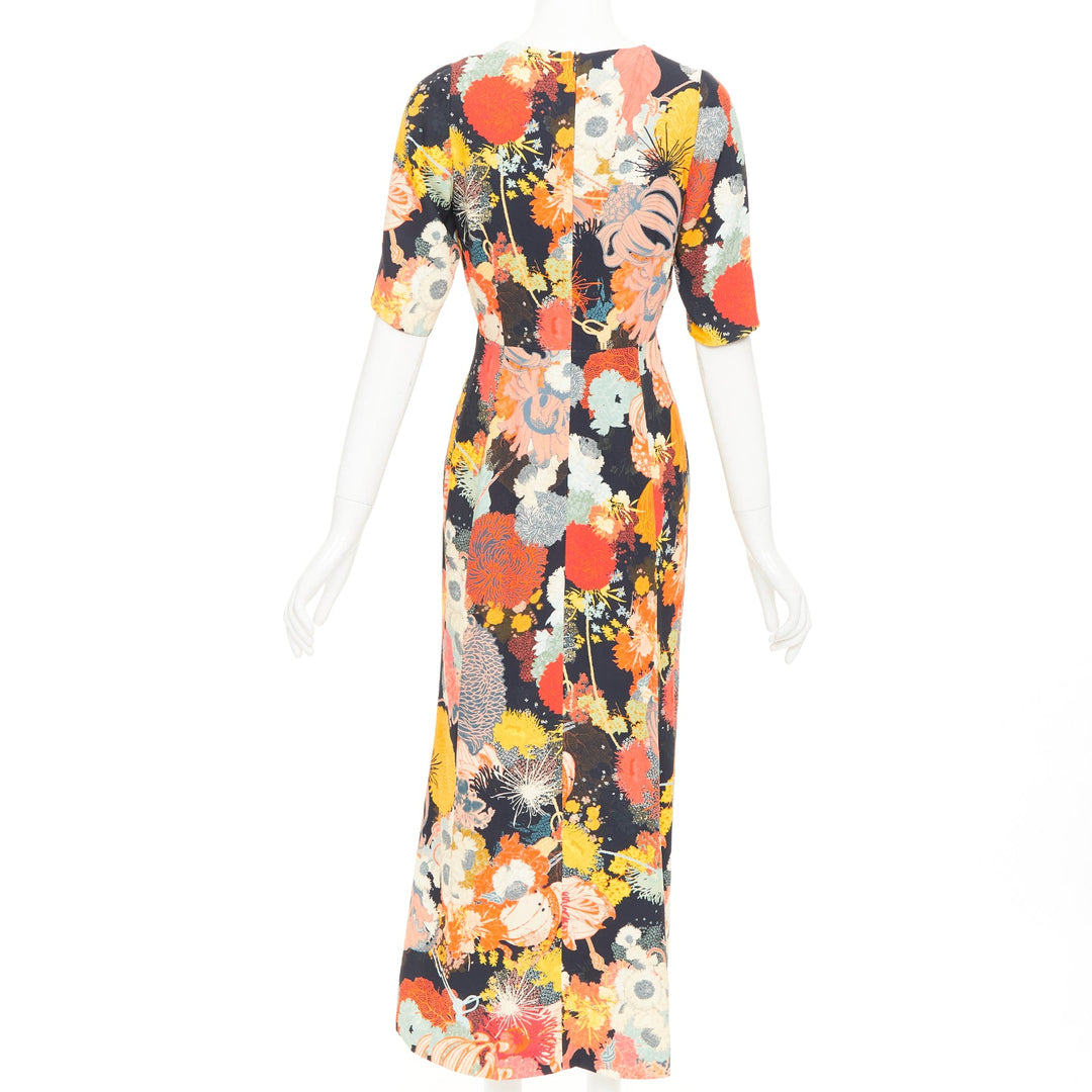 DRIES VAN NOTEN 2017 Runway orange yellow black floral Vneck midi dress FR36 S