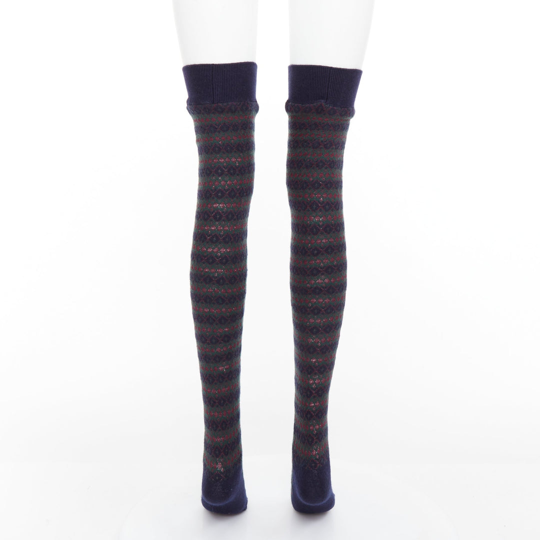 rare CHANEL logo charm navy green red striped cashmere silk thigh high socks M