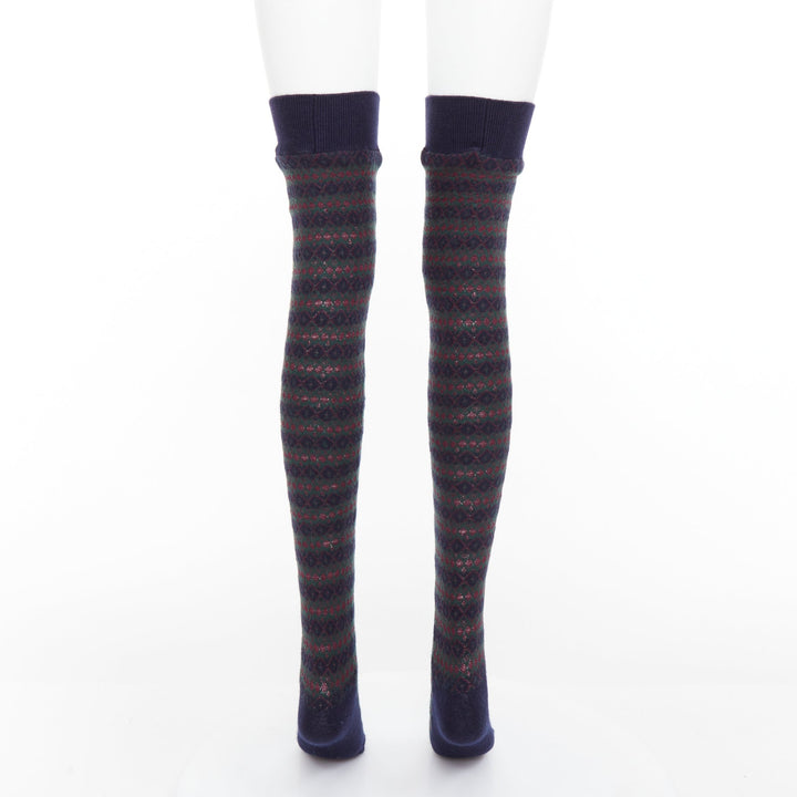 rare CHANEL logo charm navy green red striped cashmere silk thigh high socks M