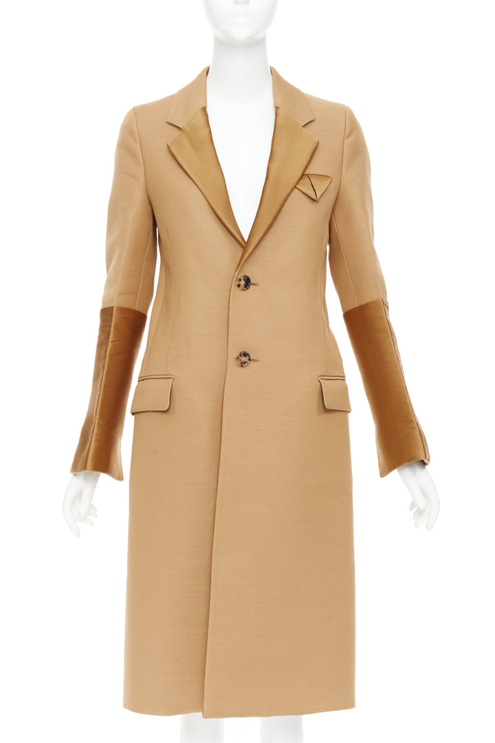 BOTTEGA VENETA 2019 Runway camel brown satin trim leather belted  coat IT38 XS