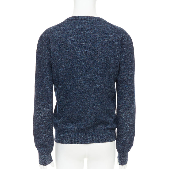 GUCCI navy wool silk cashmere melange V neck GG logo charm sweater L