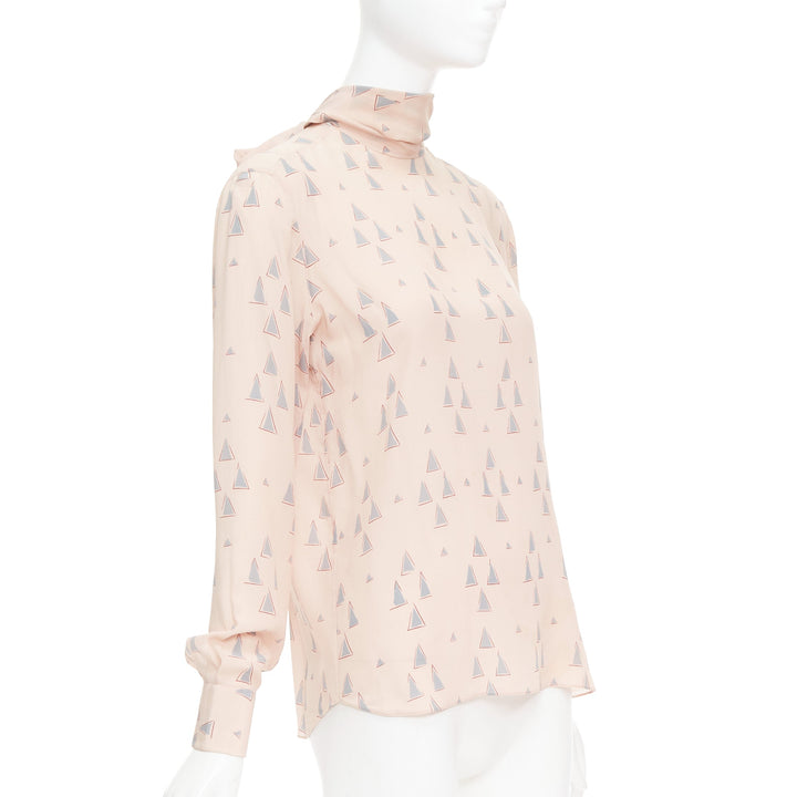 VALENTINO 100% silk blush pink grey triangle print tie neck blouse US4 S