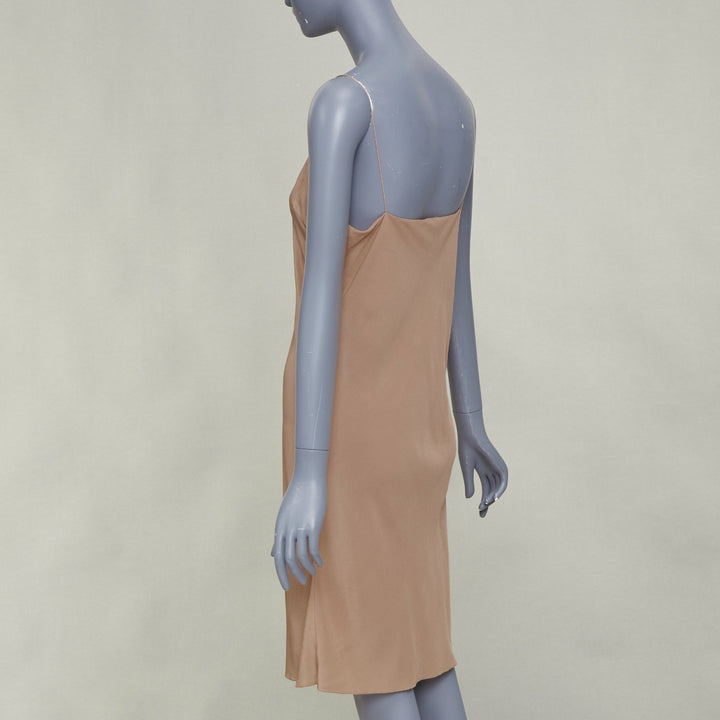 HERMES 100% silk nude spaghetti strap plunging mini slip lining dress FR40 L