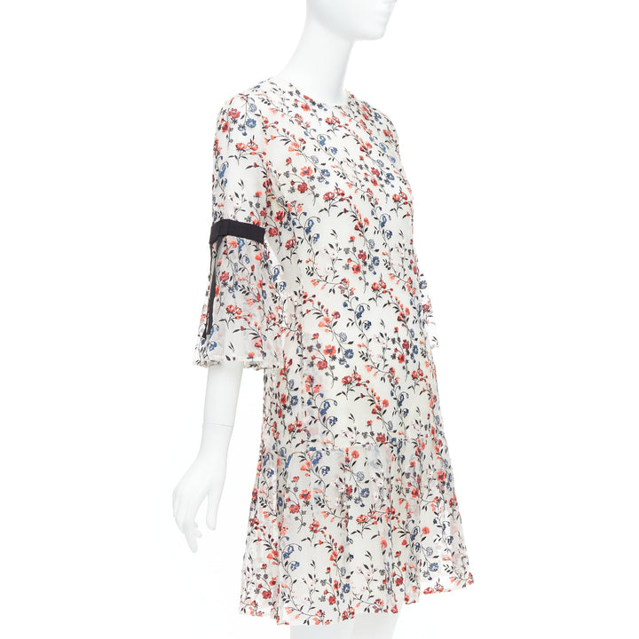 ERDEM Lissy 100% silk white red floral embroidered pleated dress UK8 S