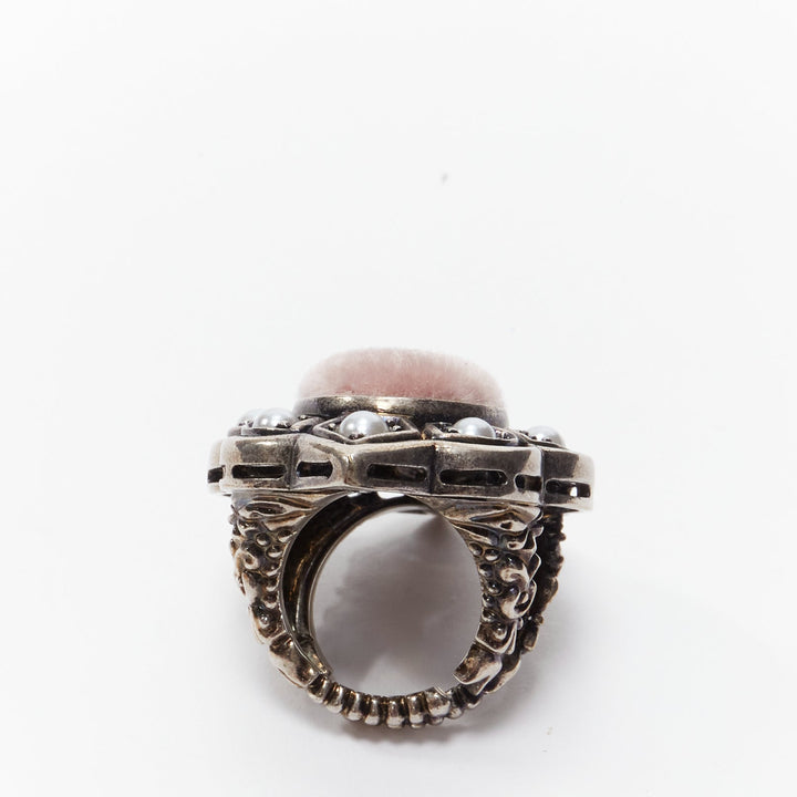 GUCCI Alessandro Michele pink velvet distressed silver oversized cocktail ring