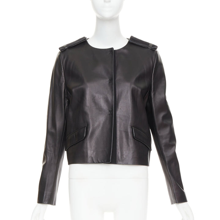 PRADA 2015 black lambskin leather grosgrain trim cropped military jacket IT44 L
